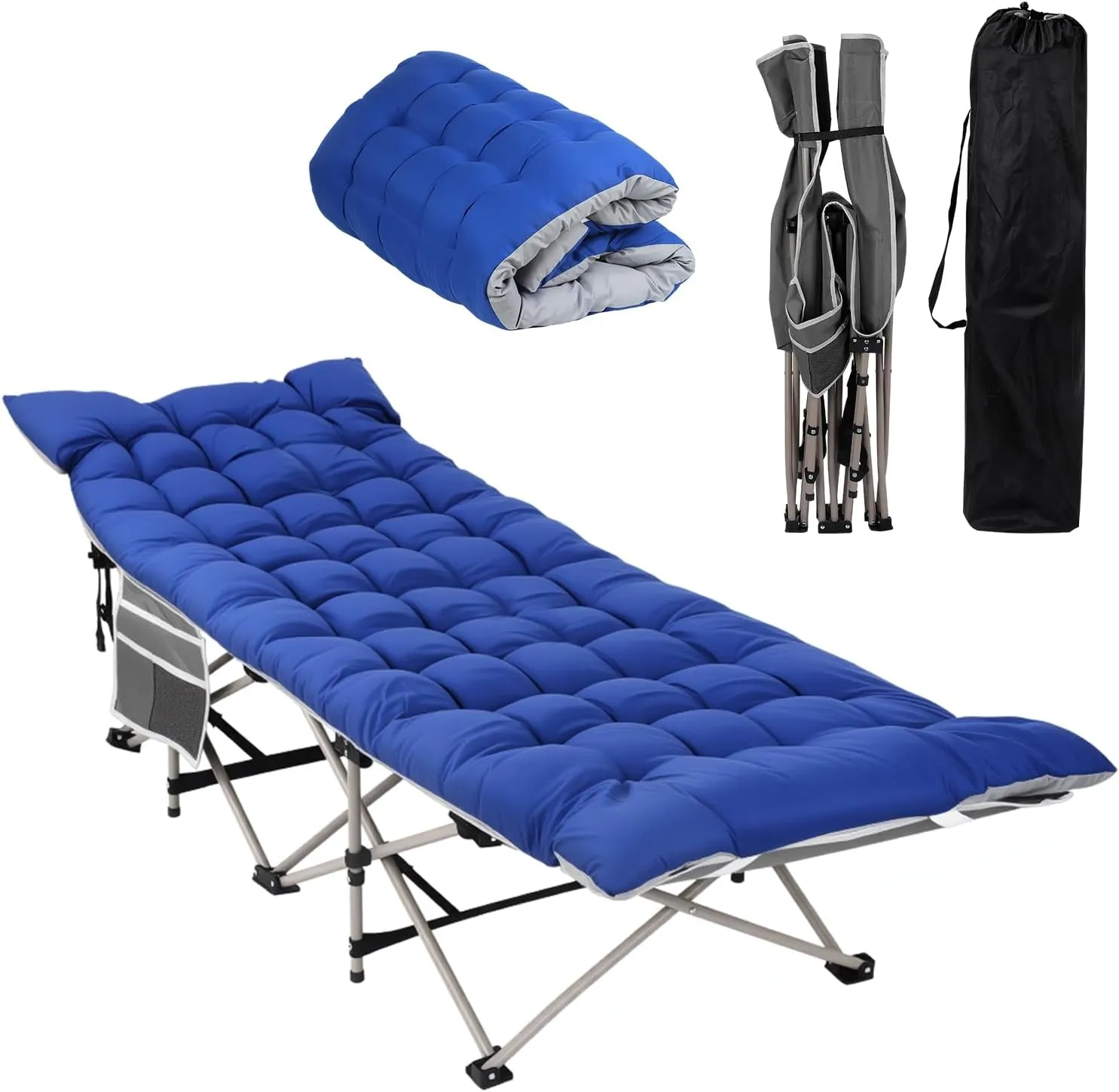 HEOMU Camping Cot with Mattress, 1200D Double Layer Oxford Max Load 600LBS Heavy Duty Portable Folding Bed with Carry Bag, Sleeping Cot for Adults Home Office Nap Outdoor Travel, Grey