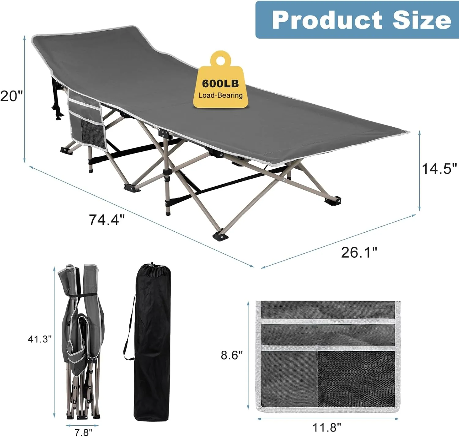HEOMU Camping Cot with Mattress, 1200D Double Layer Oxford Max Load 600LBS Heavy Duty Portable Folding Bed with Carry Bag, Sleeping Cot for Adults Home Office Nap Outdoor Travel, Grey