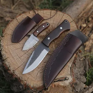 High Carbon Steel Fixed Blade Hunting Knife With Damascus Neck Knife, Survival With Leather Sheath Along, Ideal For Skinning, Camping, Outdoor, EDC, Gift For Men