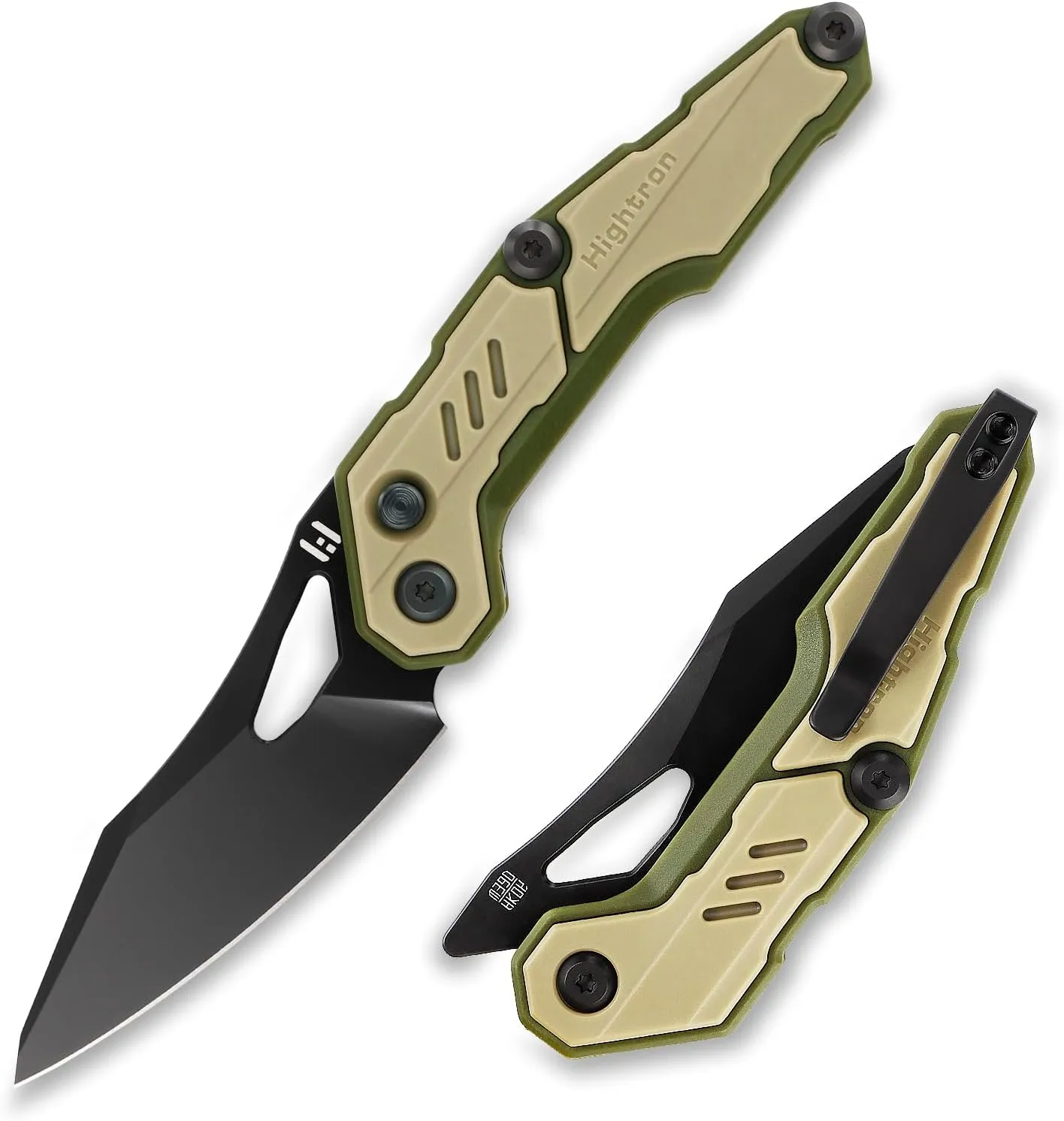 Hightron M390 Pocket Knife 3", Bohler M390 Steel Blade, Button Lock, Ceramic Ball Bearing, Camping Hunting Tactical Small Folding Knife for Men, Khaki&Green
