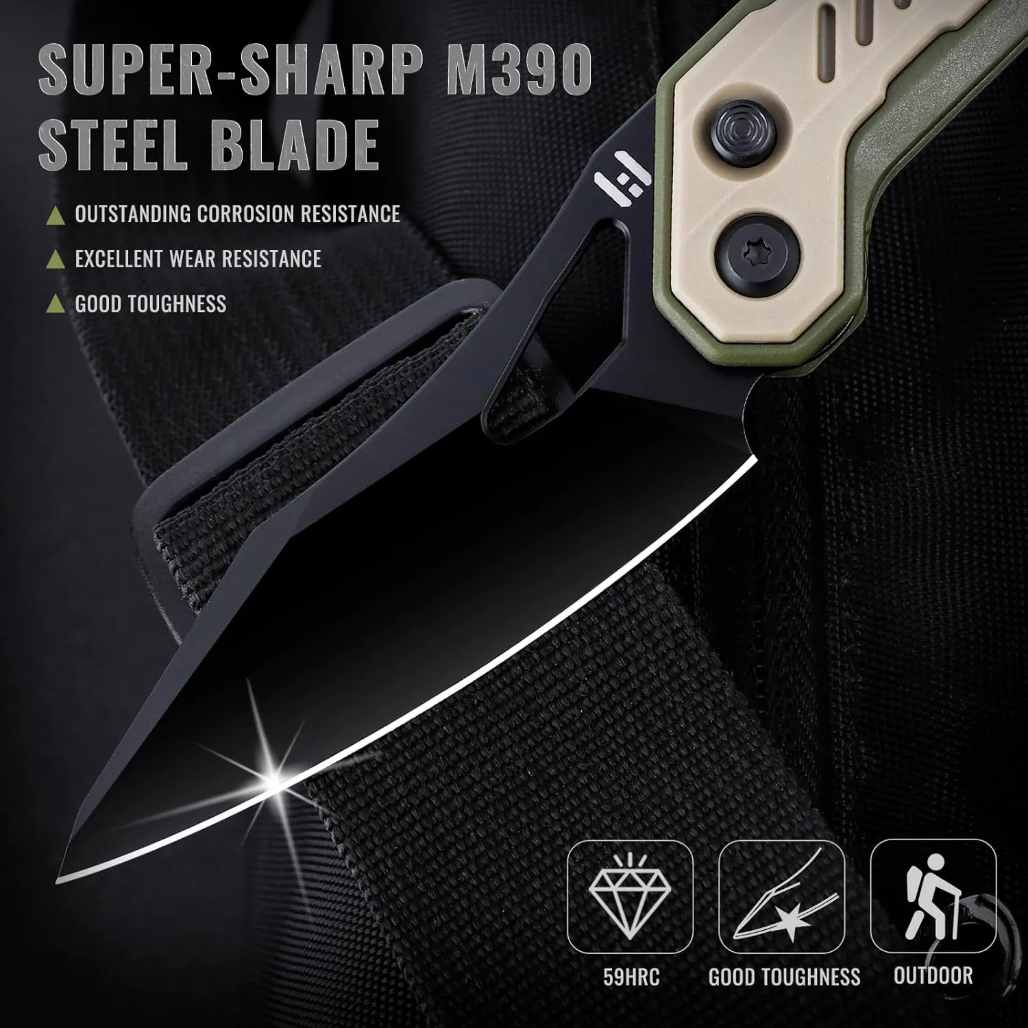 Hightron M390 Pocket Knife 3", Bohler M390 Steel Blade, Button Lock, Ceramic Ball Bearing, Camping Hunting Tactical Small Folding Knife for Men, Khaki&Green
