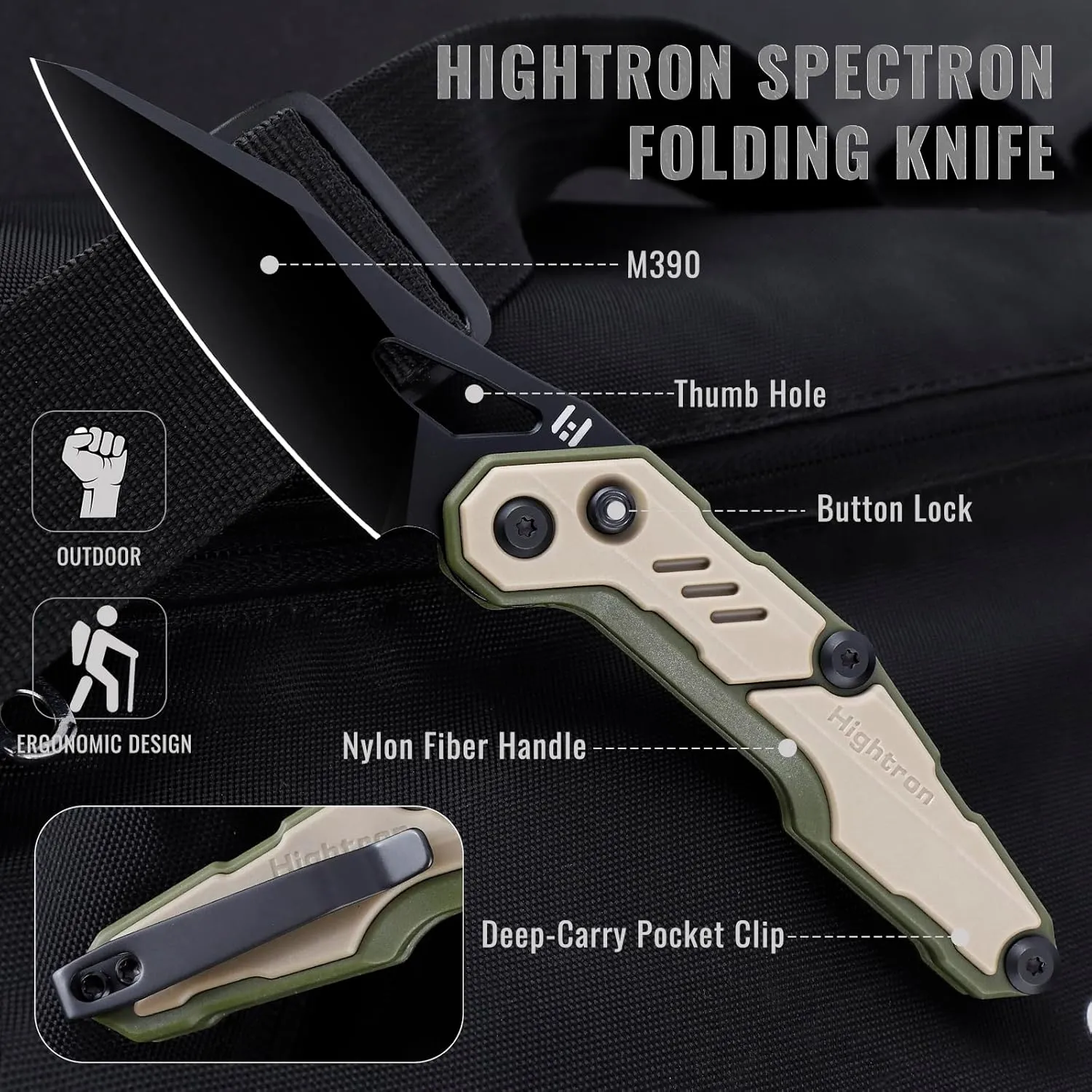 Hightron M390 Pocket Knife 3", Bohler M390 Steel Blade, Button Lock, Ceramic Ball Bearing, Camping Hunting Tactical Small Folding Knife for Men, Khaki&Green