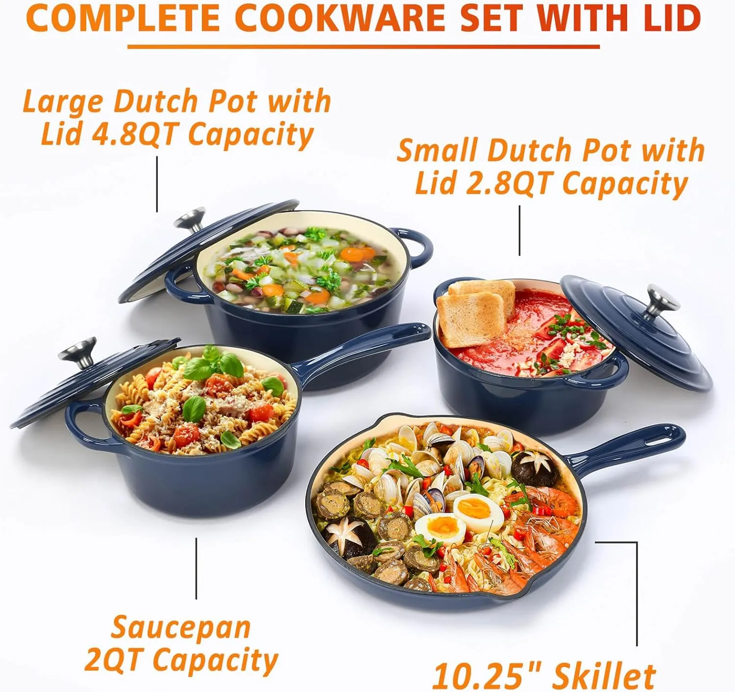 Hisencn Enameled Cast Iron Cookware Set, 7 Piece Set of Dutch Ovens, Sauce Pan, Skillet, 3 Lids, Dutch Oven Set, Ceramic Coated Cast Iron, Gas/Induction Compatible, PFA Free, Come with Organizer, Navy