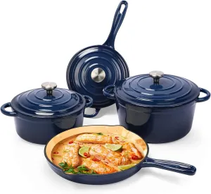 Hisencn Enameled Cast Iron Cookware Set, 7 Piece Set of Dutch Ovens, Sauce Pan, Skillet, 3 Lids, Dutch Oven Set, Ceramic Coated Cast Iron, Gas/Induction Compatible, PFA Free, Come with Organizer, Navy