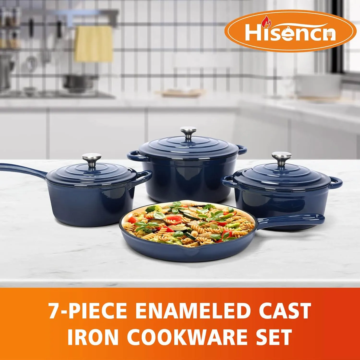 Hisencn Enameled Cast Iron Cookware Set, 7 Piece Set of Dutch Ovens, Sauce Pan, Skillet, 3 Lids, Dutch Oven Set, Ceramic Coated Cast Iron, Gas/Induction Compatible, PFA Free, Come with Organizer, Navy