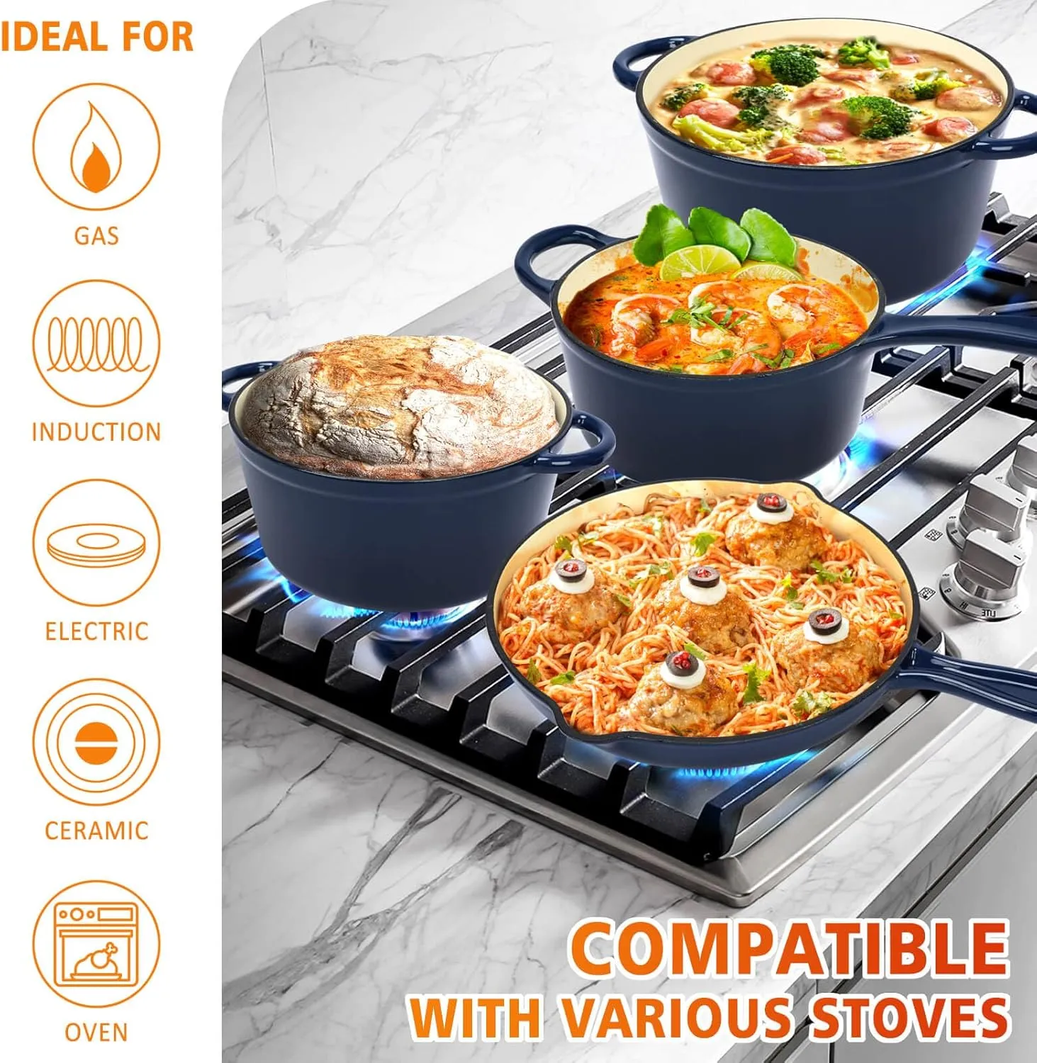 Hisencn Enameled Cast Iron Cookware Set, 7 Piece Set of Dutch Ovens, Sauce Pan, Skillet, 3 Lids, Dutch Oven Set, Ceramic Coated Cast Iron, Gas/Induction Compatible, PFA Free, Come with Organizer, Navy