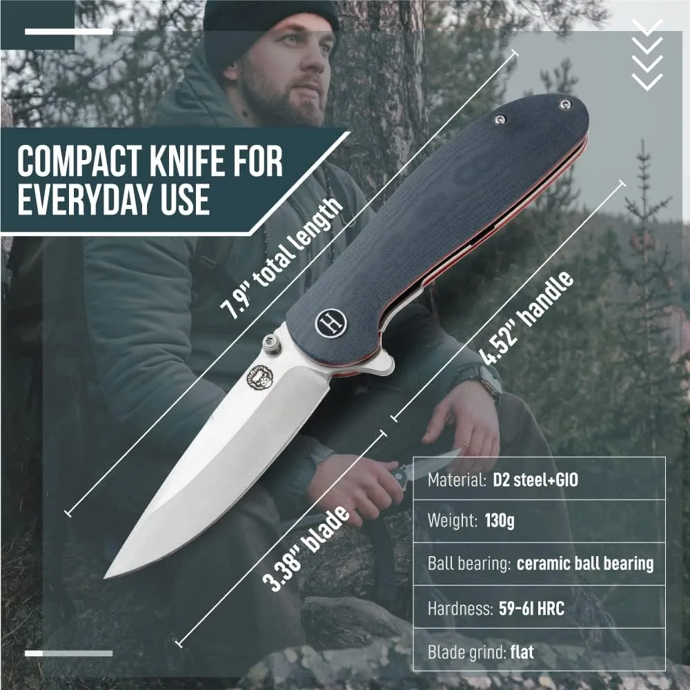 Holtzman's Gorilla Survival 'Straightback' Folding Knife featuring D2 Steel Blade and G10 Tactical Handle in Gift Box Set (Grey Red)