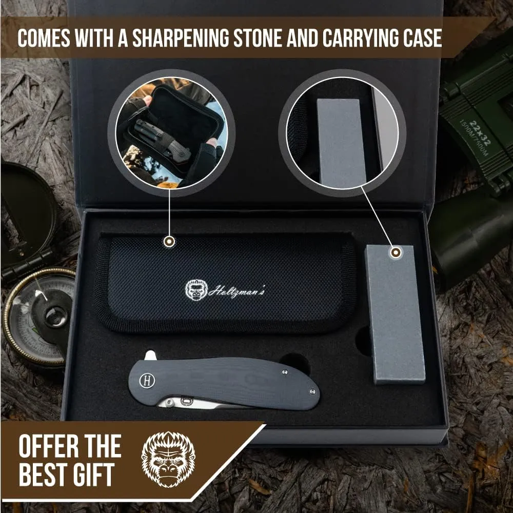 Holtzman's Gorilla Survival 'Straightback' Folding Knife featuring D2 Steel Blade and G10 Tactical Handle in Gift Box Set (Grey Red)