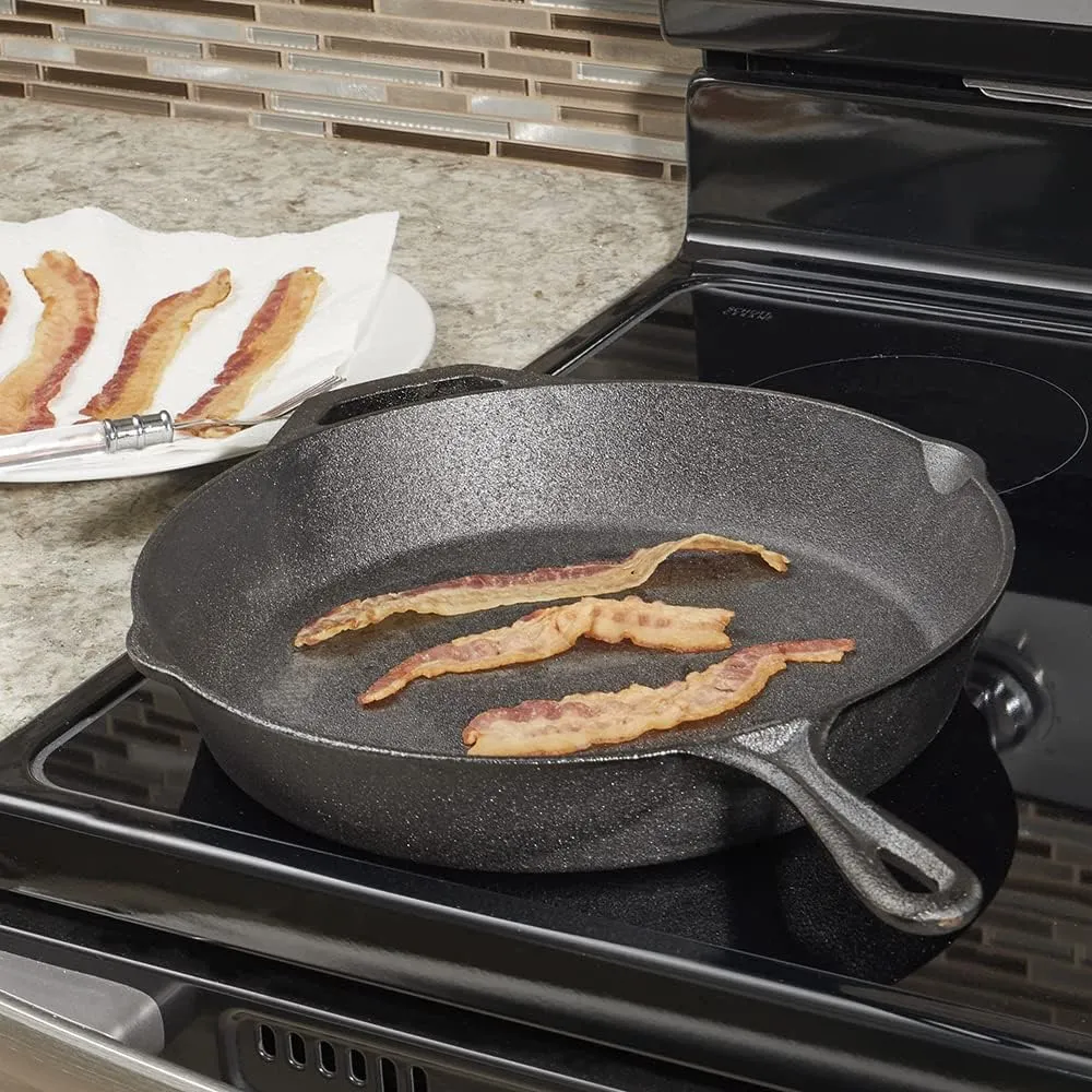 Home Basics 12" Cast Iron Skillet (Black) Frying Pan For Pancakes, Meat, and Fish | Large Skillet For Stovetop and Campfire | Nonstick With Pour Spouts