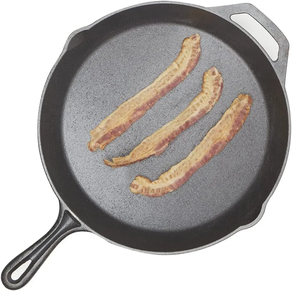 Home Basics 12" Cast Iron Skillet (Black) Frying Pan For Pancakes, Meat, and Fish | Large Skillet For Stovetop and Campfire | Nonstick With Pour Spouts