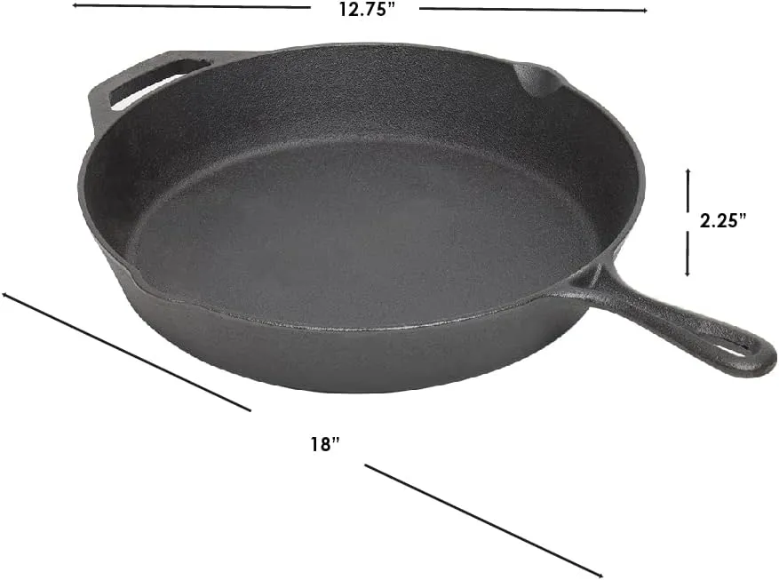 Home Basics 12" Cast Iron Skillet (Black) Frying Pan For Pancakes, Meat, and Fish | Large Skillet For Stovetop and Campfire | Nonstick With Pour Spouts