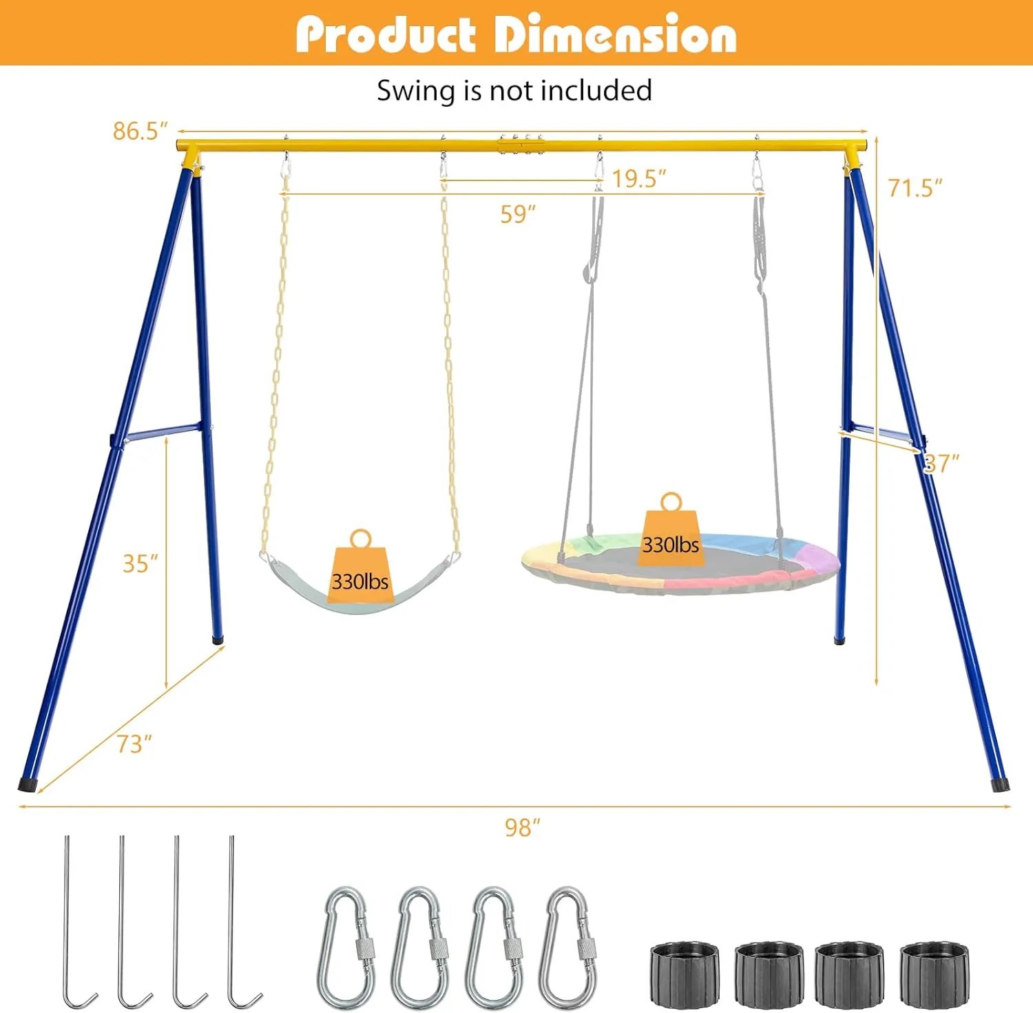 HONEY JOY 660 lbs Swing Sets for Backyard, Heavy Duty Metal A-Frame Swing Stand, with Ground Stakes & Carabiners, Playground Set for Toddlers, Swingset Outdoor for Kids