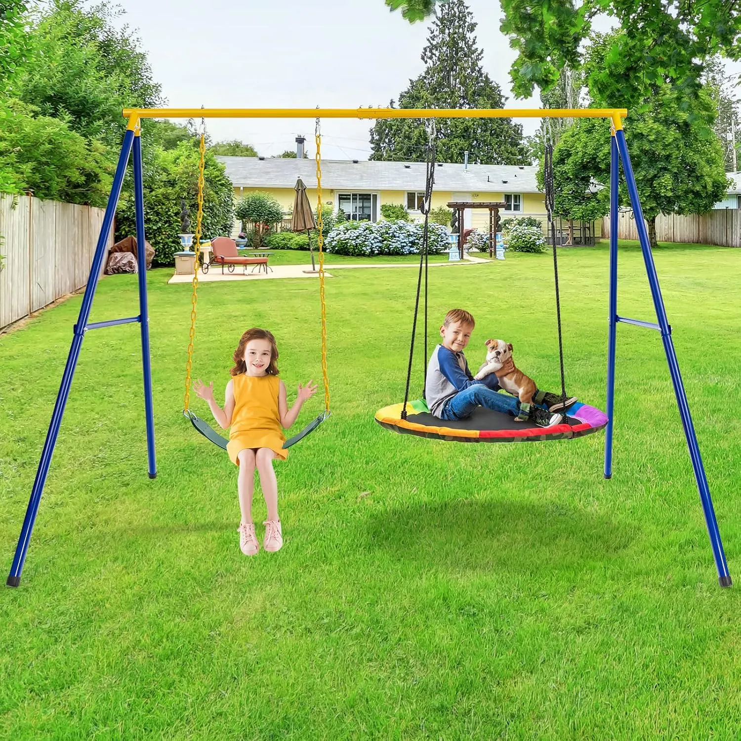 HONEY JOY 660 lbs Swing Sets for Backyard, Heavy Duty Metal A-Frame Swing Stand, with Ground Stakes & Carabiners, Playground Set for Toddlers, Swingset Outdoor for Kids