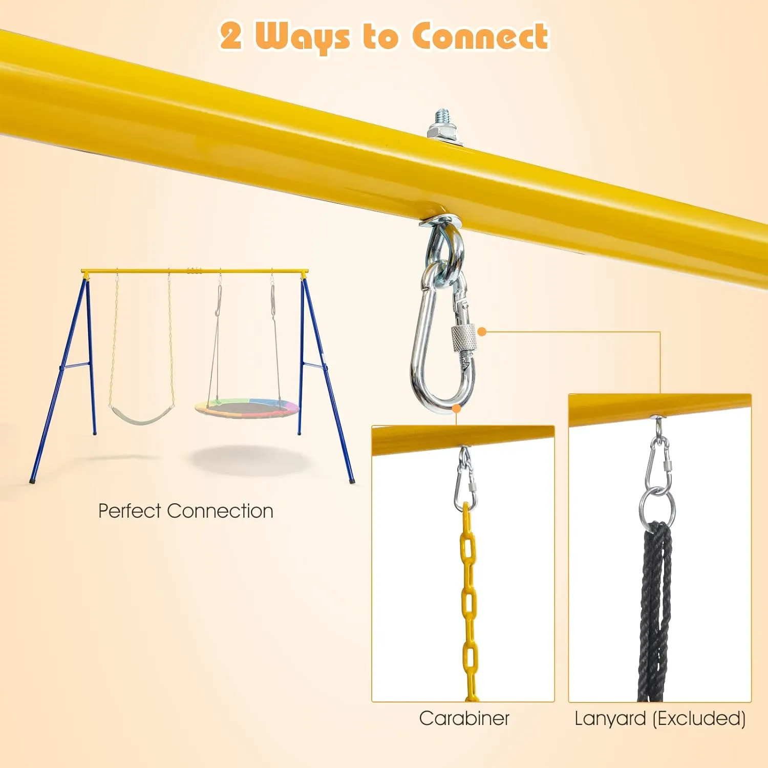 HONEY JOY 660 lbs Swing Sets for Backyard, Heavy Duty Metal A-Frame Swing Stand, with Ground Stakes & Carabiners, Playground Set for Toddlers, Swingset Outdoor for Kids