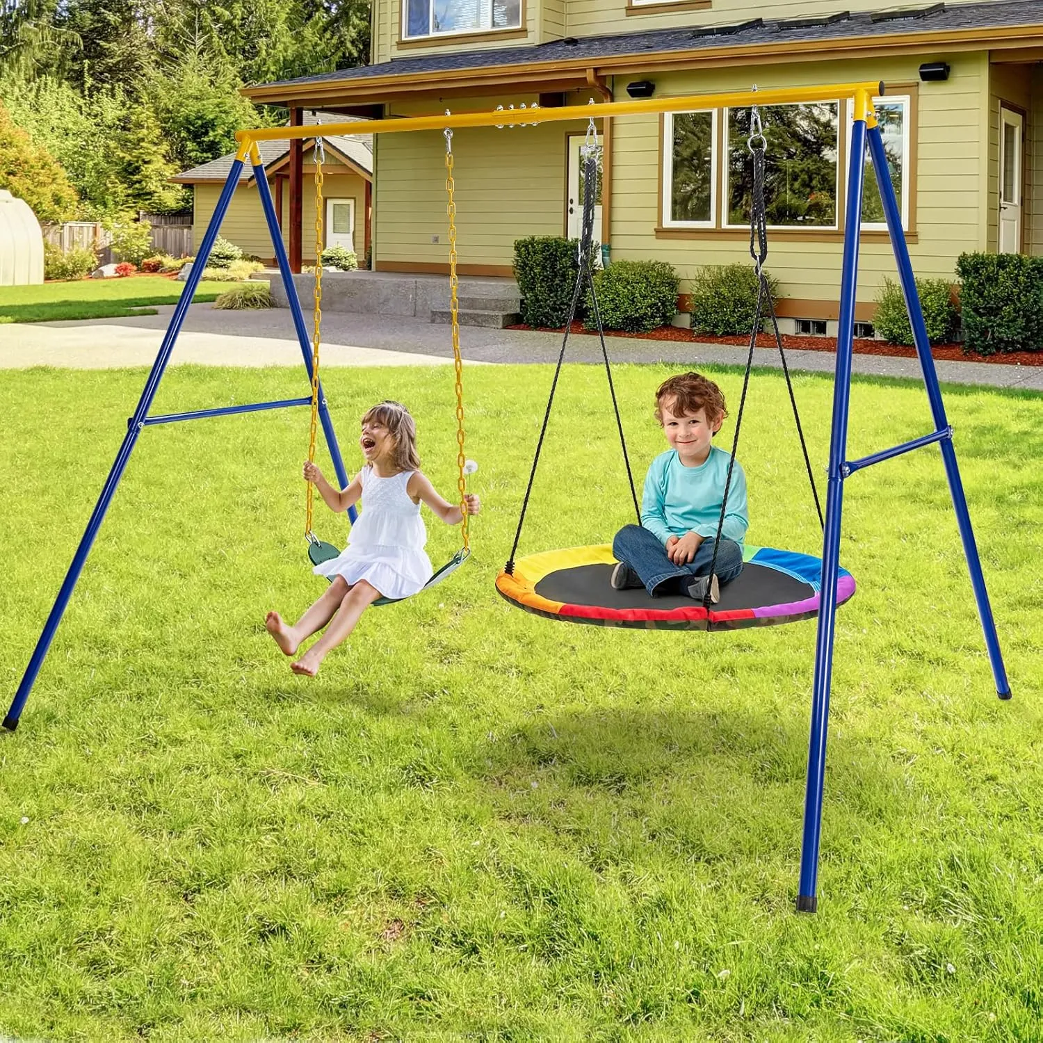 HONEY JOY 660 lbs Swing Sets for Backyard, Heavy Duty Metal A-Frame Swing Stand, with Ground Stakes & Carabiners, Playground Set for Toddlers, Swingset Outdoor for Kids