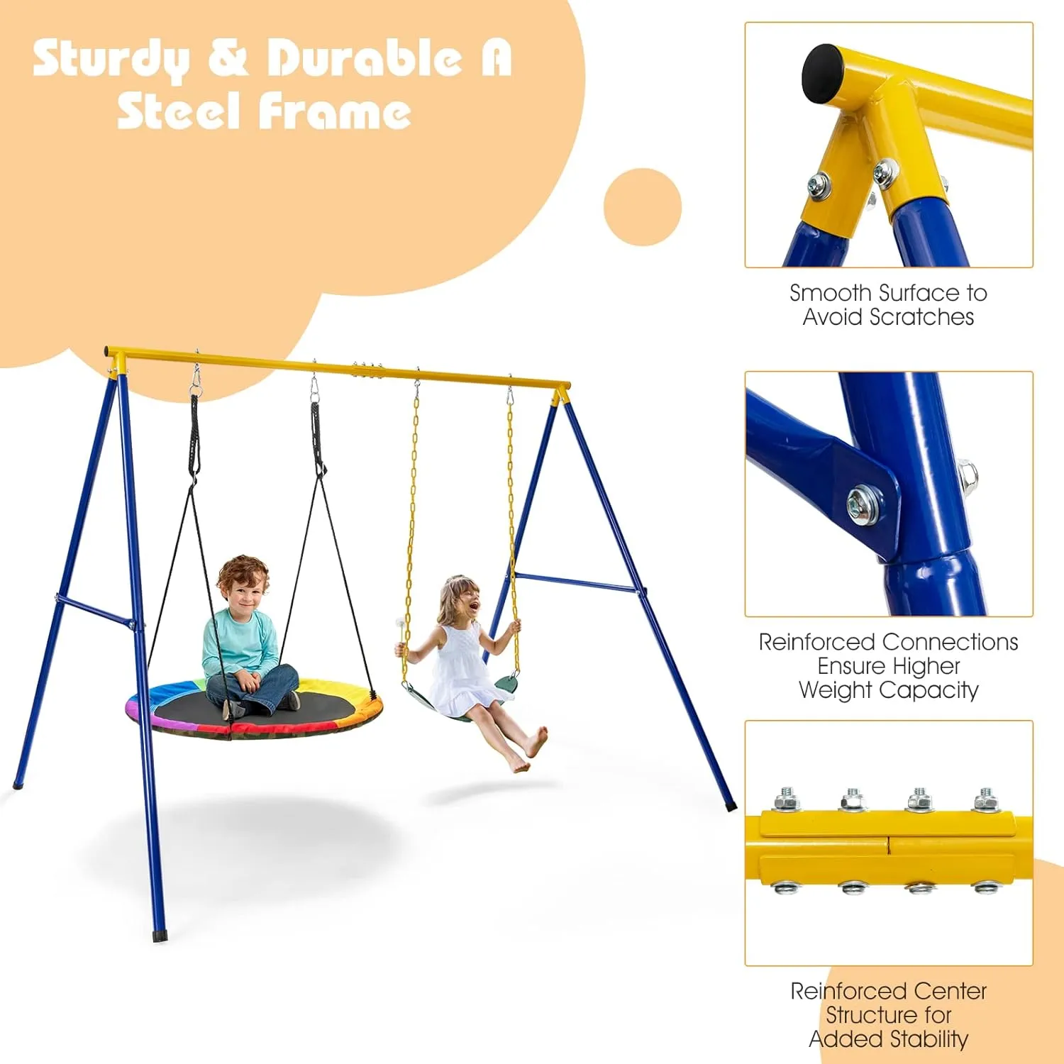 HONEY JOY 660 lbs Swing Sets for Backyard, Heavy Duty Metal A-Frame Swing Stand, with Ground Stakes & Carabiners, Playground Set for Toddlers, Swingset Outdoor for Kids
