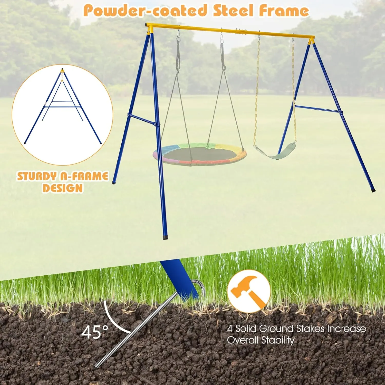 HONEY JOY 660 lbs Swing Sets for Backyard, Heavy Duty Metal A-Frame Swing Stand, with Ground Stakes & Carabiners, Playground Set for Toddlers, Swingset Outdoor for Kids