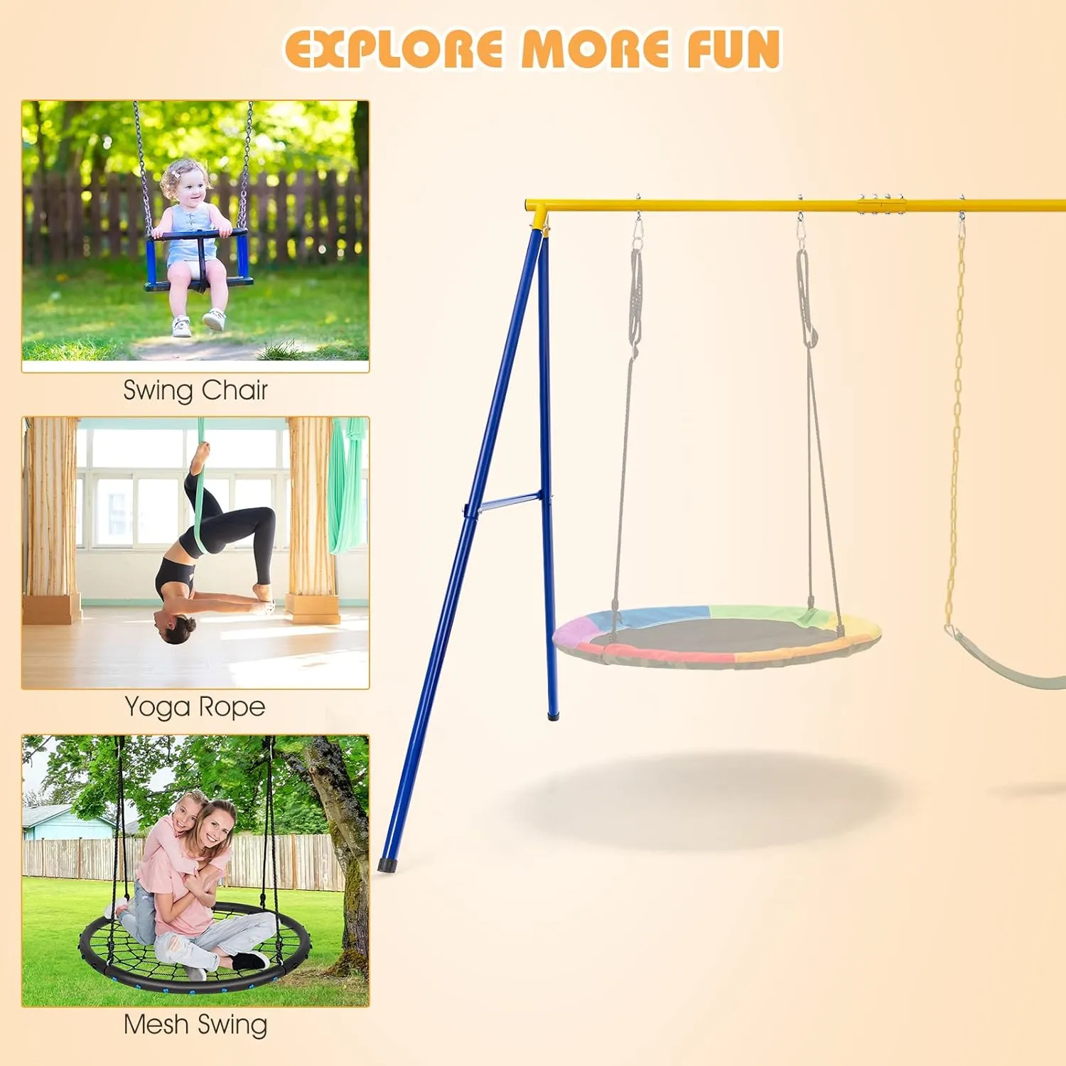 HONEY JOY 660 lbs Swing Sets for Backyard, Heavy Duty Metal A-Frame Swing Stand, with Ground Stakes & Carabiners, Playground Set for Toddlers, Swingset Outdoor for Kids