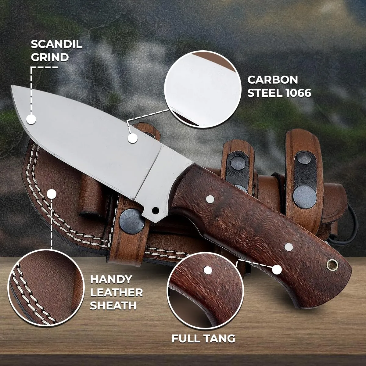 Horizontal Carry Knife |1095 Hunting Knife Fixed Blade with Wooden Handle | Tracker Knife | Bushcraft Knife with Sheath | Damascus Knife, Dark brown (Alzafash No.3)