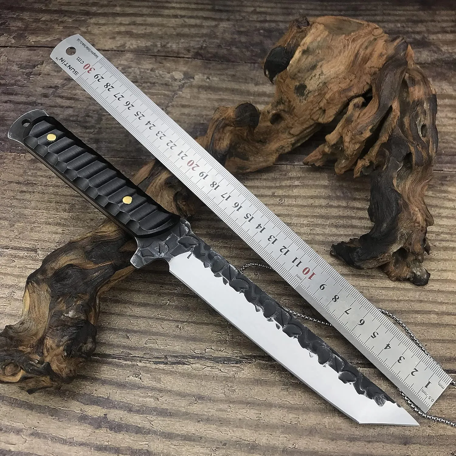HUAAO 11.6’’ Fixed Blade Knife with Sheath, Japanese Knives with Ebony Handle, Katana Tanto Knife for Hunting Camping Survival (Tanto Point Blade)