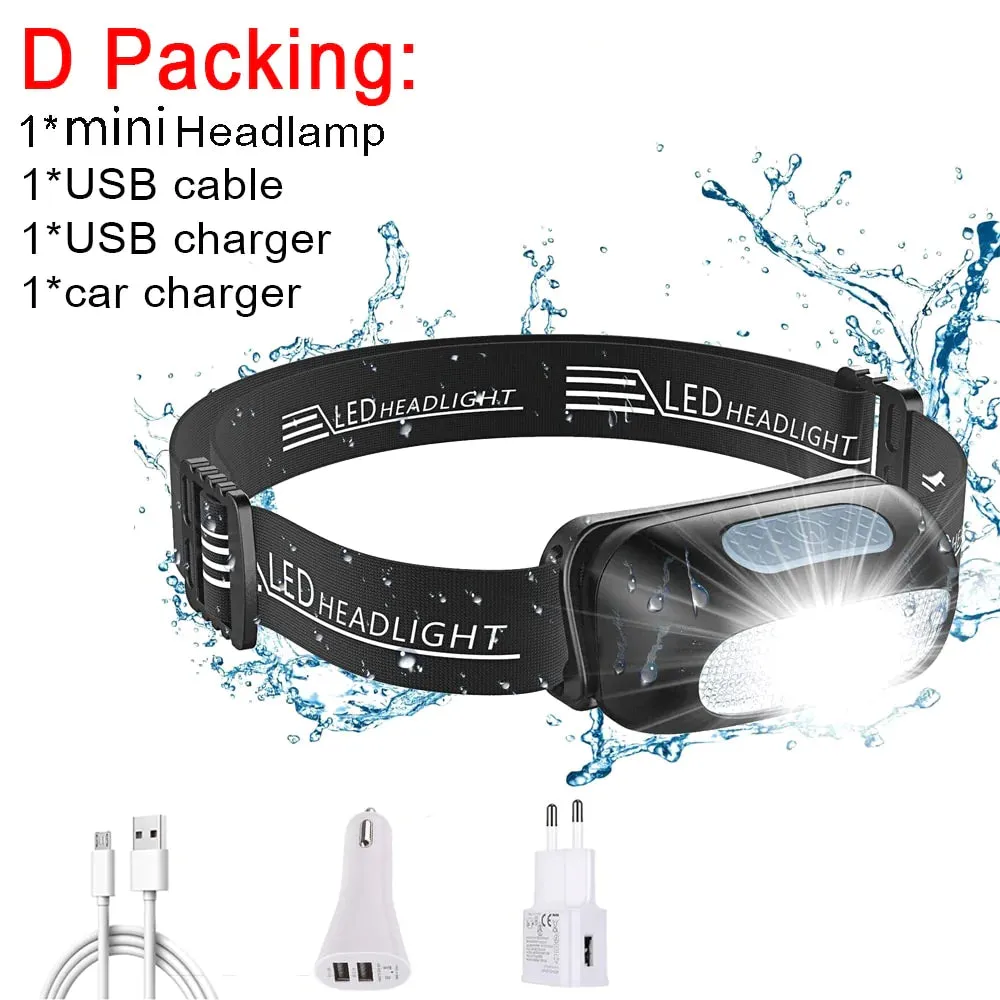HULIANFU Mini Rechargeable  Headlamp Body Motion  Headlight Camping Flashlight Head Light Torch Lamp With USB