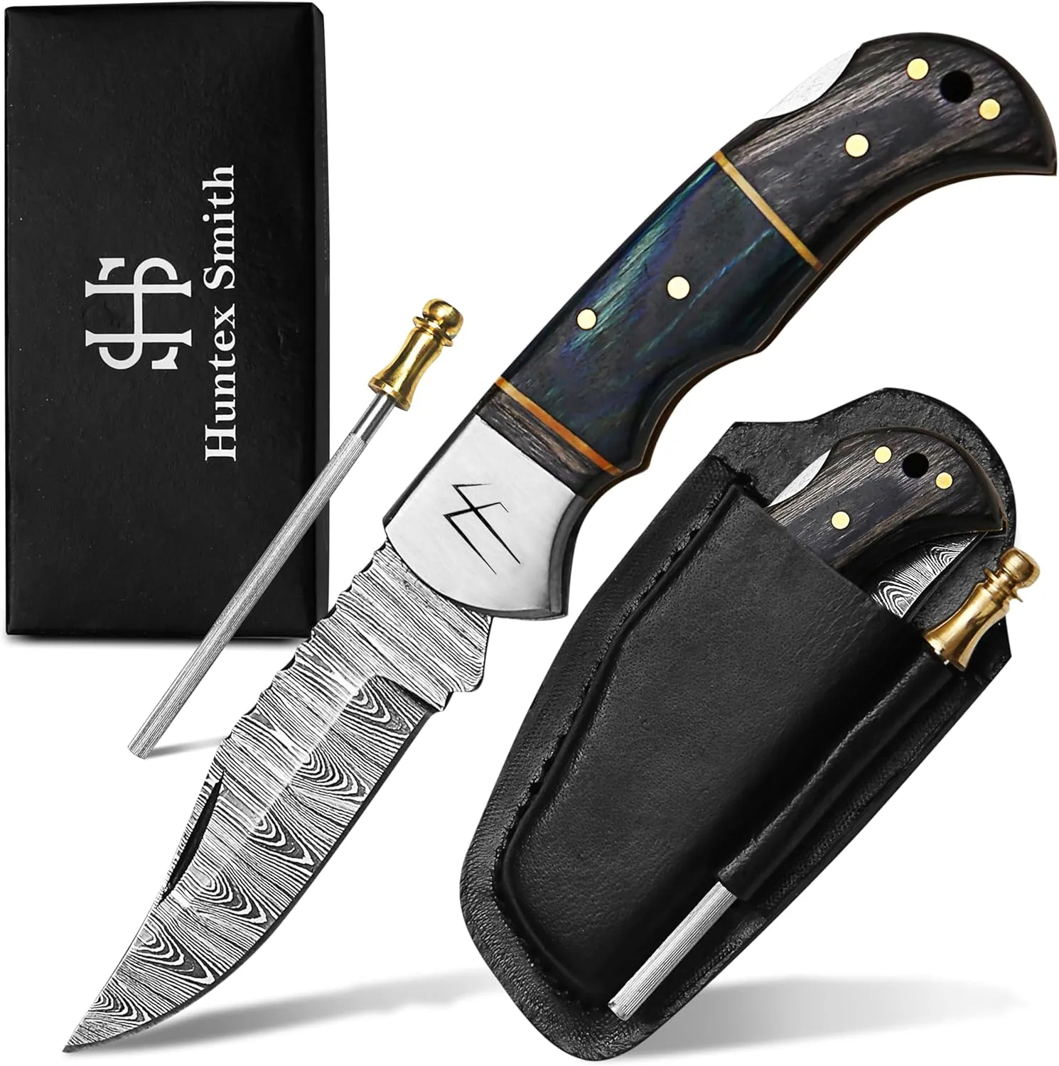 Huntex Pocket Knife for men,6.75 Inch Hunting Knife with Leather Sheath,Sharpener and Gift Box,Damascus Pocket knives best for Outdoor & Indoor,Camping (Black Blue Pakka Wood)