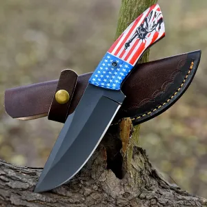 Hunting Knife Stainless Steel Blade Full Tang with U.S. Flag handle, Perfect for Survival, Tactical Ergonomal Leather sheat cover