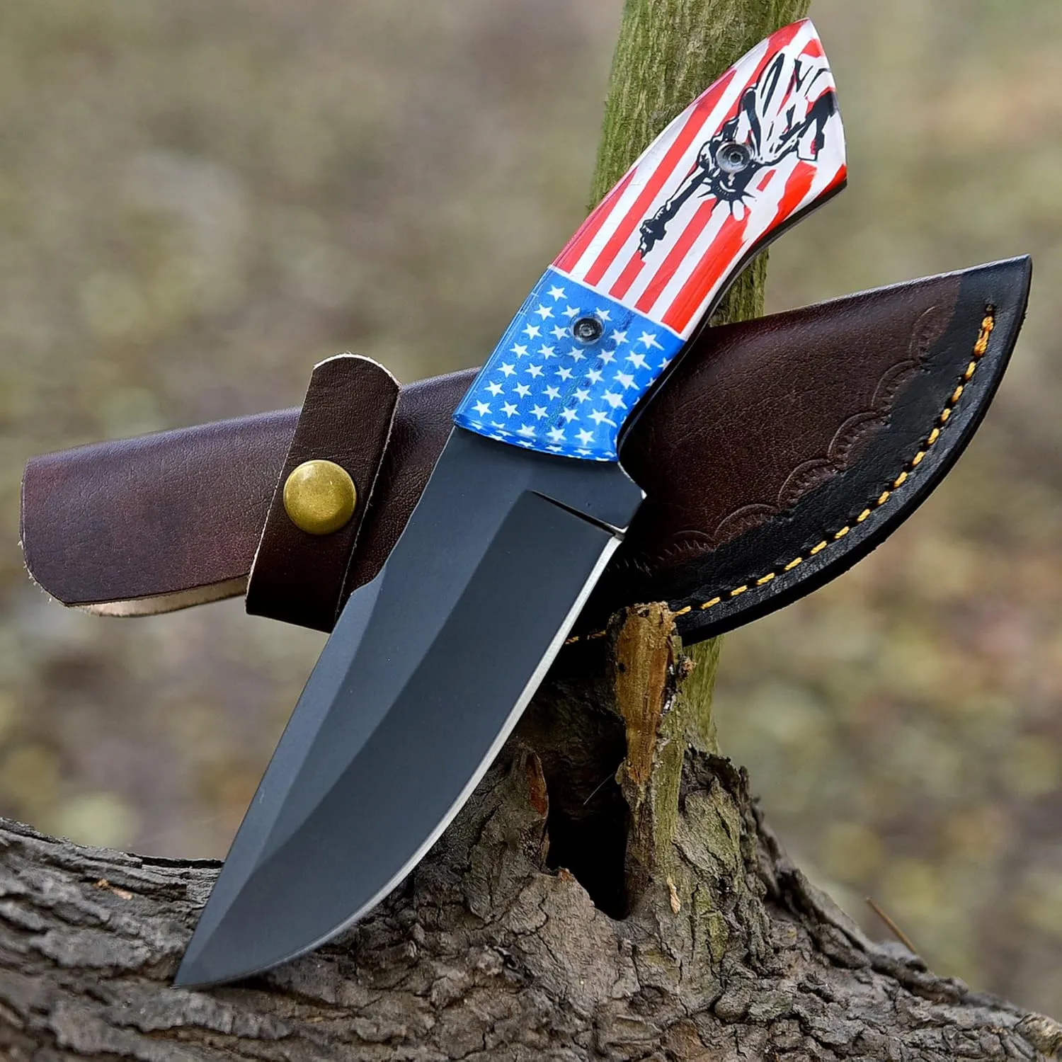 Hunting Knife Stainless Steel Blade Full Tang with U.S. Flag handle, Perfect for Survival, Tactical Ergonomal Leather sheat cover