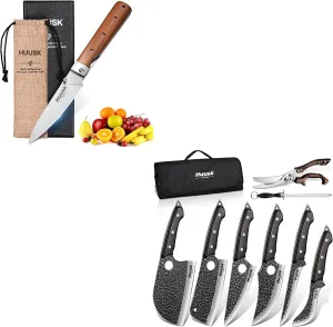 Huusk Serbian Chef Knife Set - 6Pcs Bundle with a Japanese Folding Fruit Knife,Viking Boning Knives with Bag for Kitchen Outdoor BBQ Camping,Birthday Gift Idea Men