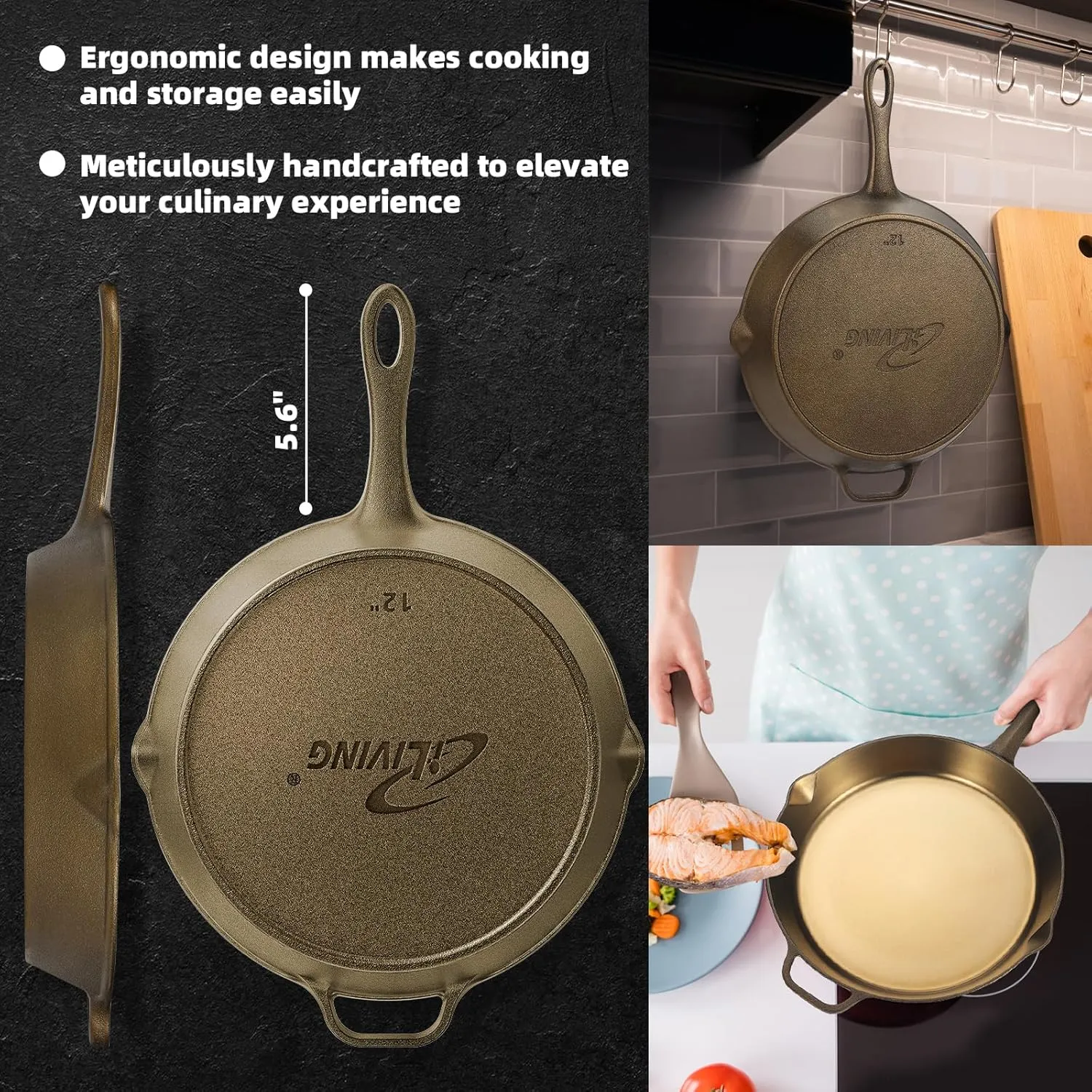 iLiving Seasoned Modern Heirloom Mirror Polished Cast Iron Skillet Pan 12" (2.0" Wall Height/2.7 L)