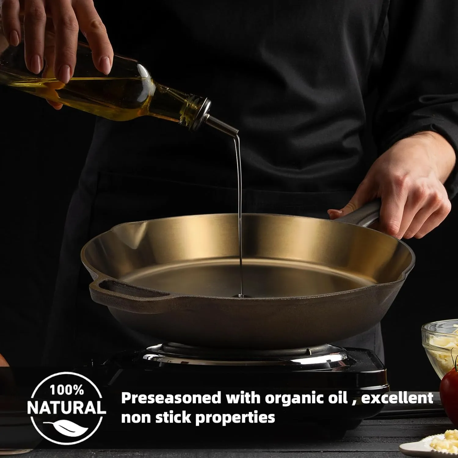 iLiving Seasoned Modern Heirloom Mirror Polished Cast Iron Skillet Pan 12" (2.0" Wall Height/2.7 L)