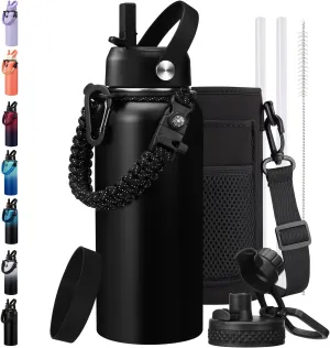 Insulated Water Bottle 32/40/64 oz Keep Cold-48h Hot-24h, Thermos Water Bottles with Straw & Spout Lids, Carrier Pouch & Paracord Handle, Sports Workout Water Bottle Jug for Men Women