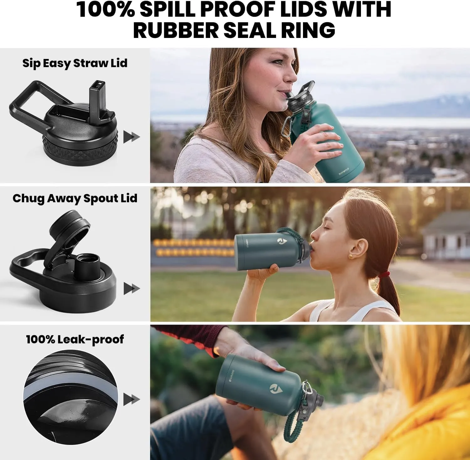 Insulated Water Bottle 64 oz, Triple Wall Vacuum Stainless Steel (Cold for 48 Hrs), Leak Proof & Non-BPA, Half Gallon Water Flask Jug with Paracord Handle & Straw Spout Lids, Dark Green