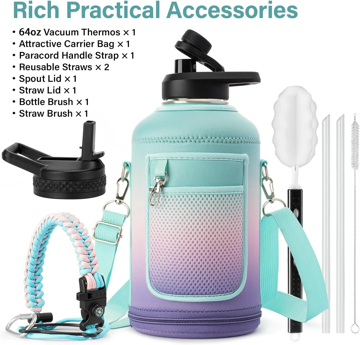 Insulated Water Bottle | Thickened Stainless Steel Vacuum Metal Thermos | Portable Sports Half Gallon Large Water Jug for Gym and Hiking with Straw, Carrier Bag, Handle Strap | BPA-Free 64 oz