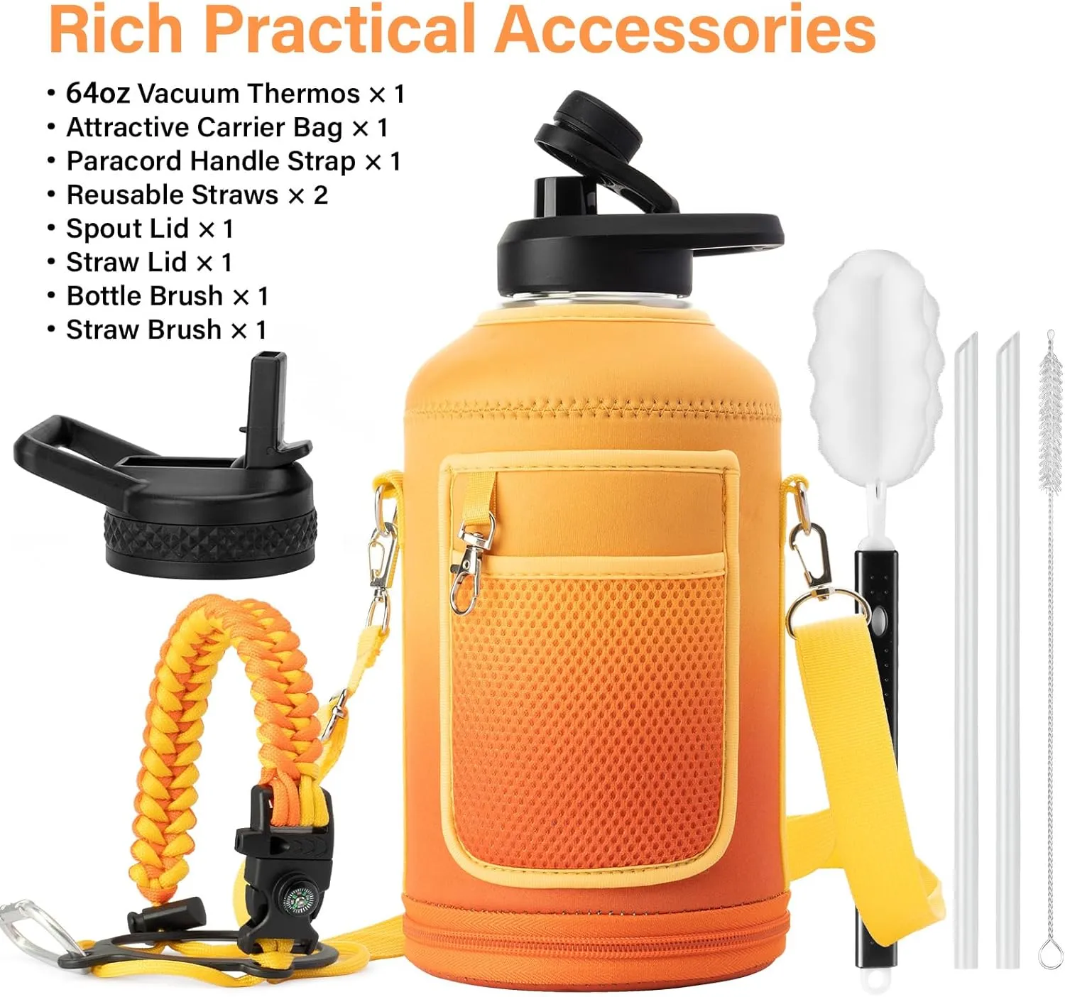 Insulated Water Bottle | Thickened Stainless Steel Vacuum Metal Thermos | Portable Sports Half Gallon Large Water Jug for Gym and Hiking with Straw, Carrier Bag, Handle Strap | BPA-Free 64 oz