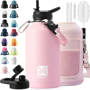 Insulated Water Bottle | Thickened Stainless Steel Vacuum Metal Thermos | Portable Sports Half Gallon Large Water Jug for Gym and Hiking with Straw, Carrier Bag, Handle Strap | BPA-Free 64 oz