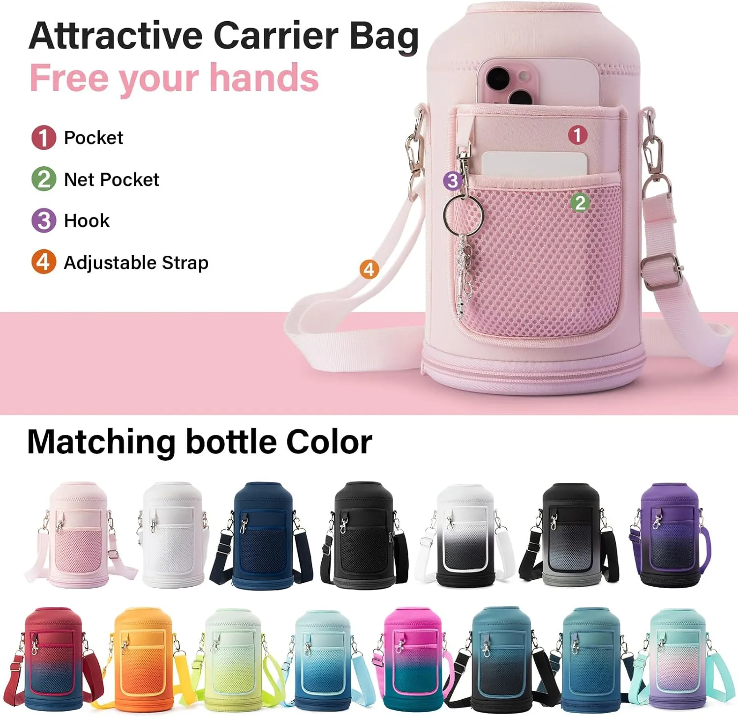 Insulated Water Bottle | Thickened Stainless Steel Vacuum Metal Thermos | Portable Sports Half Gallon Large Water Jug for Gym and Hiking with Straw, Carrier Bag, Handle Strap | BPA-Free 64 oz