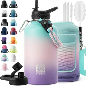 Insulated Water Bottle | Thickened Stainless Steel Vacuum Metal Thermos | Portable Sports Half Gallon Large Water Jug for Gym and Hiking with Straw, Carrier Bag, Handle Strap | BPA-Free 64 oz