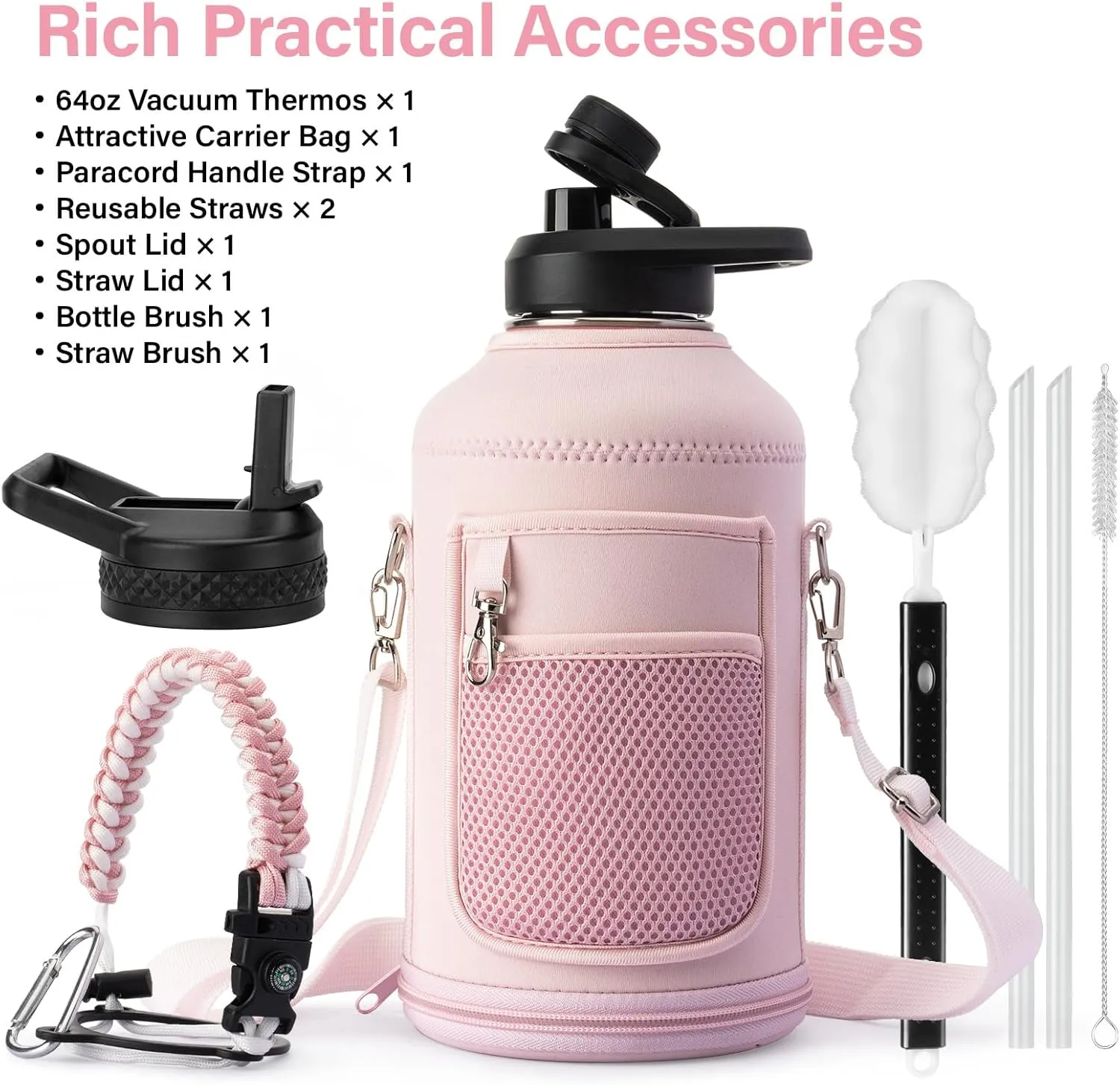 Insulated Water Bottle | Thickened Stainless Steel Vacuum Metal Thermos | Portable Sports Half Gallon Large Water Jug for Gym and Hiking with Straw, Carrier Bag, Handle Strap | BPA-Free 64 oz