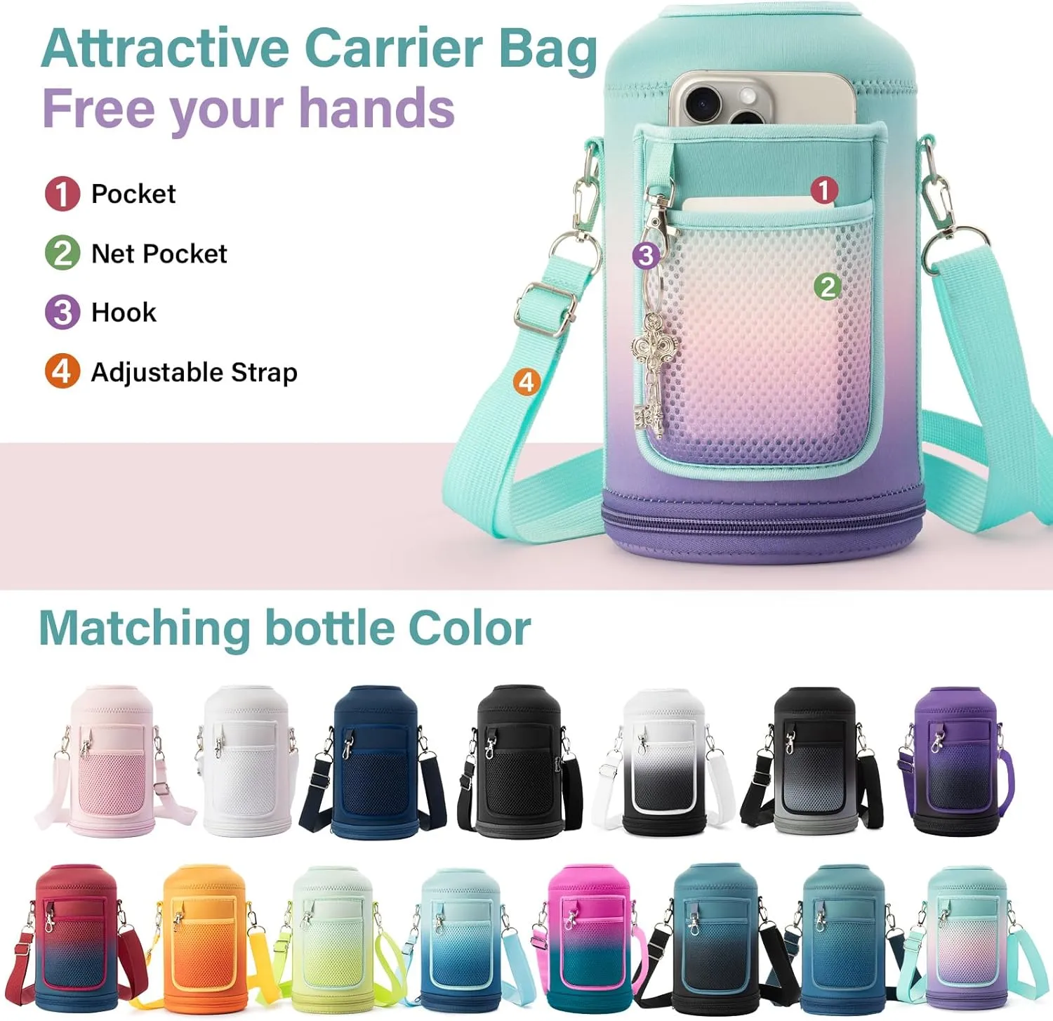 Insulated Water Bottle | Thickened Stainless Steel Vacuum Metal Thermos | Portable Sports Half Gallon Large Water Jug for Gym and Hiking with Straw, Carrier Bag, Handle Strap | BPA-Free 64 oz