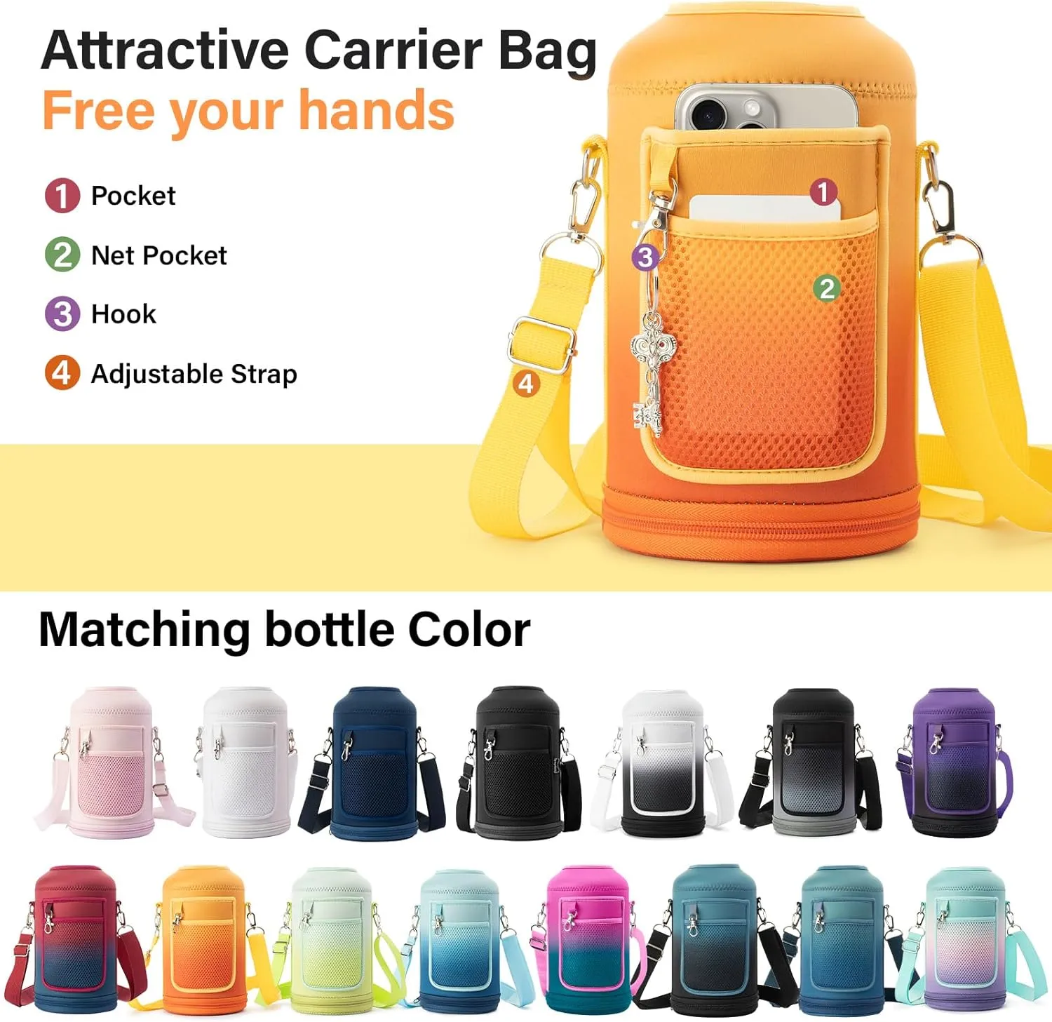 Insulated Water Bottle | Thickened Stainless Steel Vacuum Metal Thermos | Portable Sports Half Gallon Large Water Jug for Gym and Hiking with Straw, Carrier Bag, Handle Strap | BPA-Free 64 oz