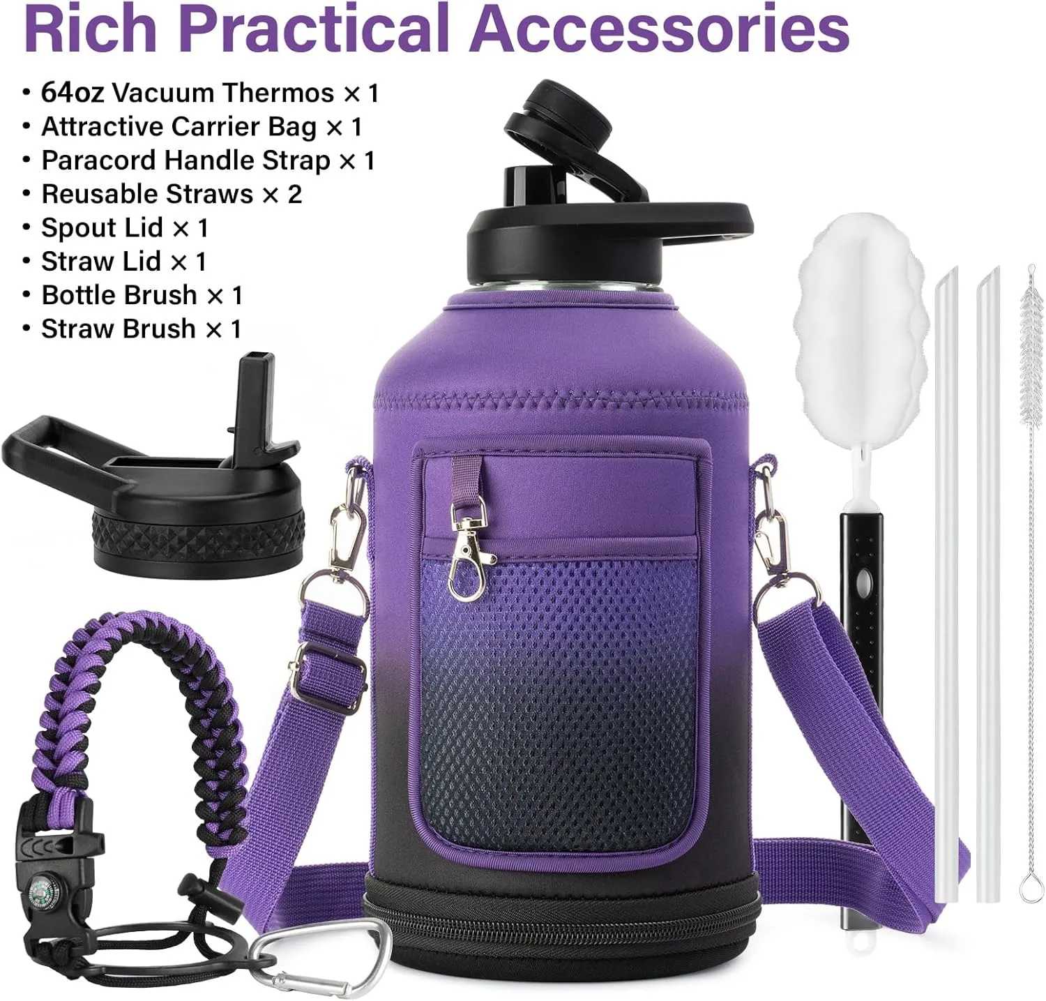 Insulated Water Bottle | Thickened Stainless Steel Vacuum Metal Thermos | Portable Sports Half Gallon Large Water Jug for Gym and Hiking with Straw, Carrier Bag, Handle Strap | BPA-Free 64 oz