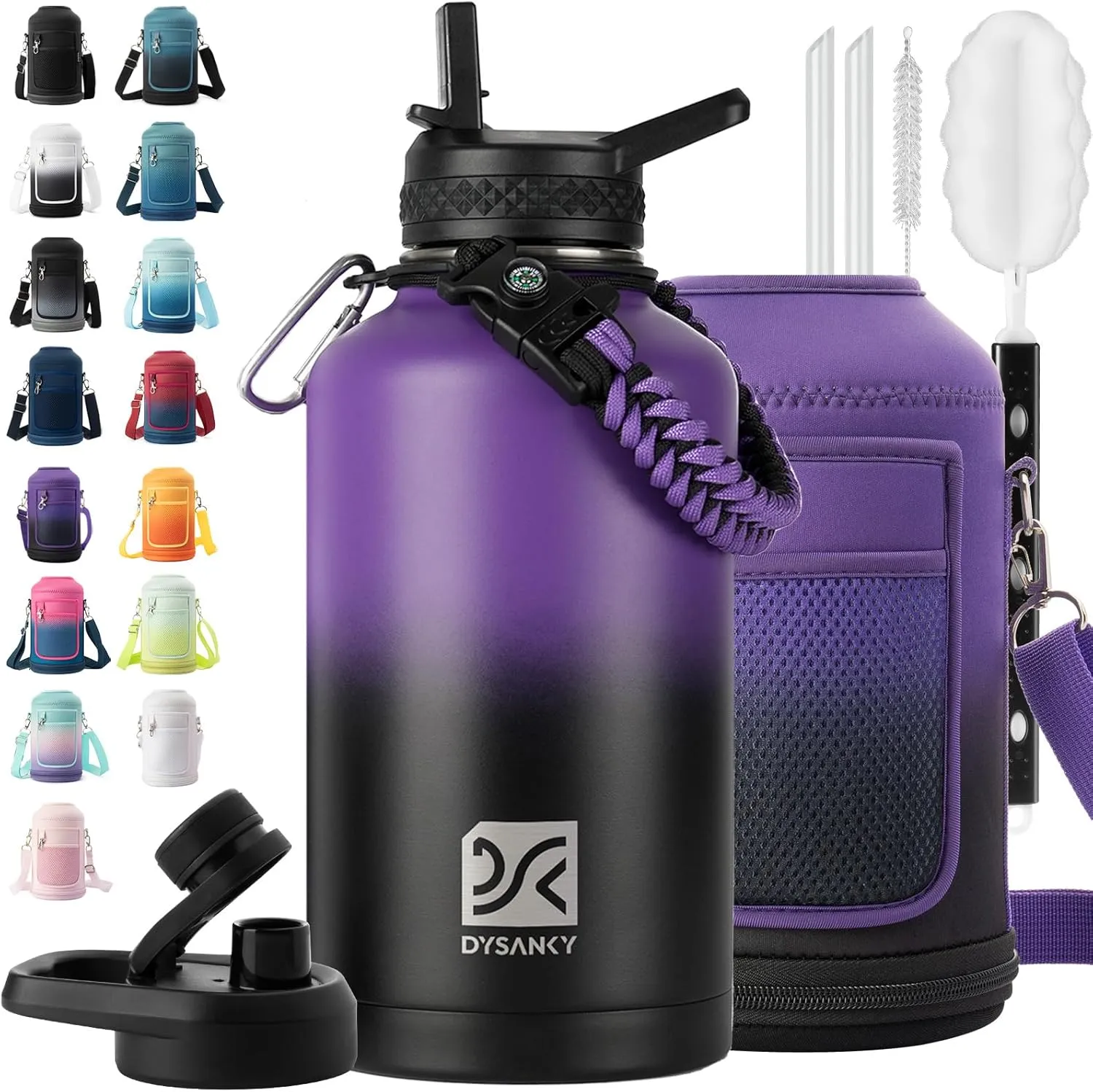 Insulated Water Bottle | Thickened Stainless Steel Vacuum Metal Thermos | Portable Sports Half Gallon Large Water Jug for Gym and Hiking with Straw, Carrier Bag, Handle Strap | BPA-Free 64 oz