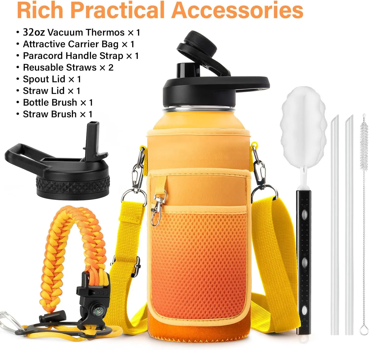 Insulated Water Bottle | Thickened Stainless Steel Vacuum Metal Thermos | Portable Sports Water Jug for Gym and Hiking with Straw, Carrier Bag, Handle Strap | BPA-Free 32 oz