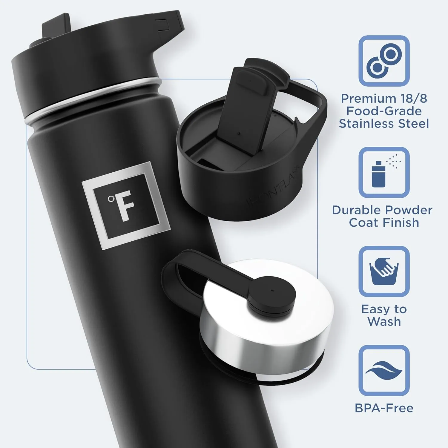 IRON °FLASK Camping & Hiking Hydration Flask with 3 Lids - Stainless Steel, Double Walled & Vacuum Insulated Water Bottle - Leak Proof & BPA Free (Black Marquina, Straw - 22 oz)