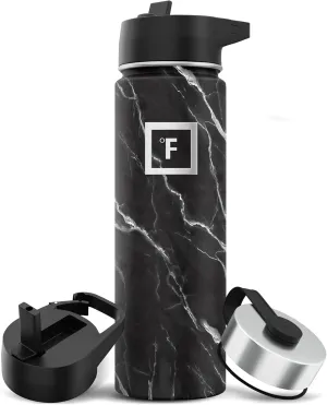 IRON °FLASK Camping & Hiking Hydration Flask with 3 Lids - Stainless Steel, Double Walled & Vacuum Insulated Water Bottle - Leak Proof & BPA Free (Black Marquina, Straw - 22 oz)