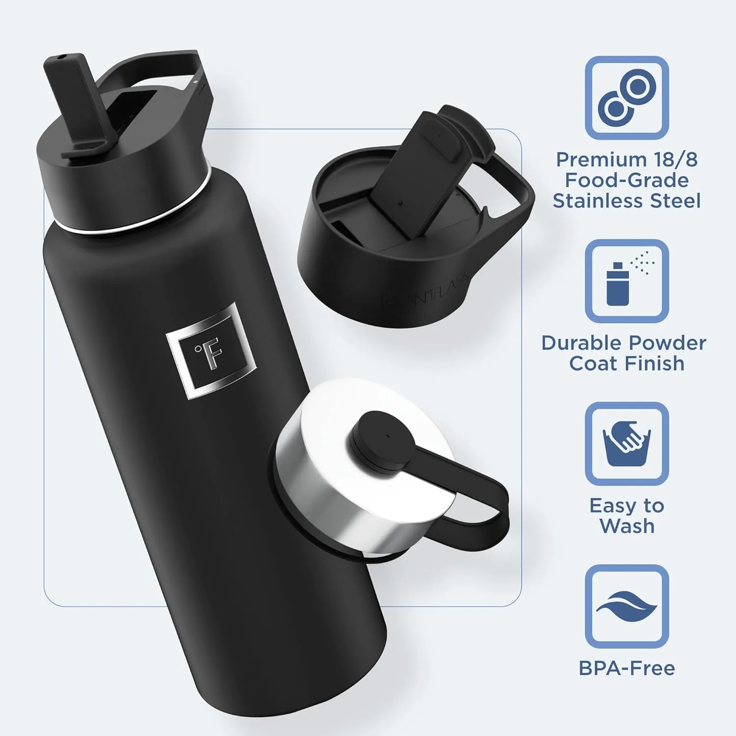 IRON °FLASK Camping & Hiking Hydration Flask with 3 Lids - Stainless Steel, Double Walled & Vacuum Insulated Water Bottle - Leak Proof & BPA Free (Twilight Blue, Straw - 40 oz)