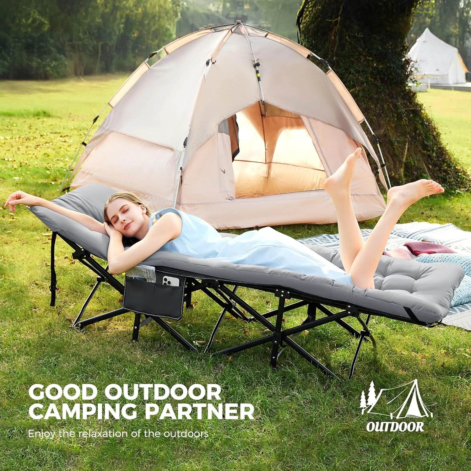 JEAREY 2-Piece Folding Camping Cot, Heavy Duty Camping Cots for Adults with Mattress, Camping Bed with Carry Bag for for Guest,Travel,Hiking,Light Gray