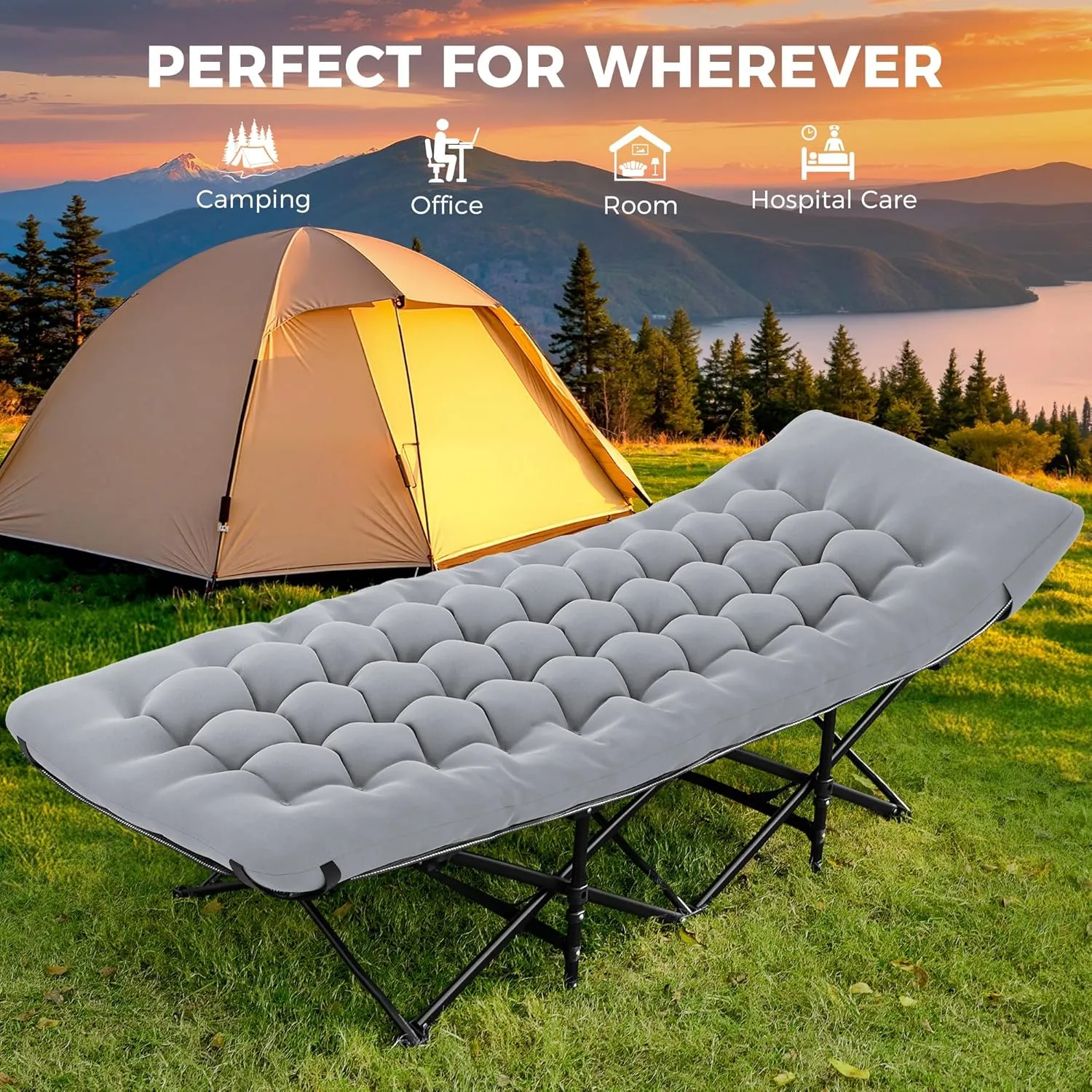 JEAREY 2-Piece Folding Camping Cot, Heavy Duty Camping Cots for Adults with Mattress, Camping Bed with Carry Bag for for Guest,Travel,Hiking,Light Gray