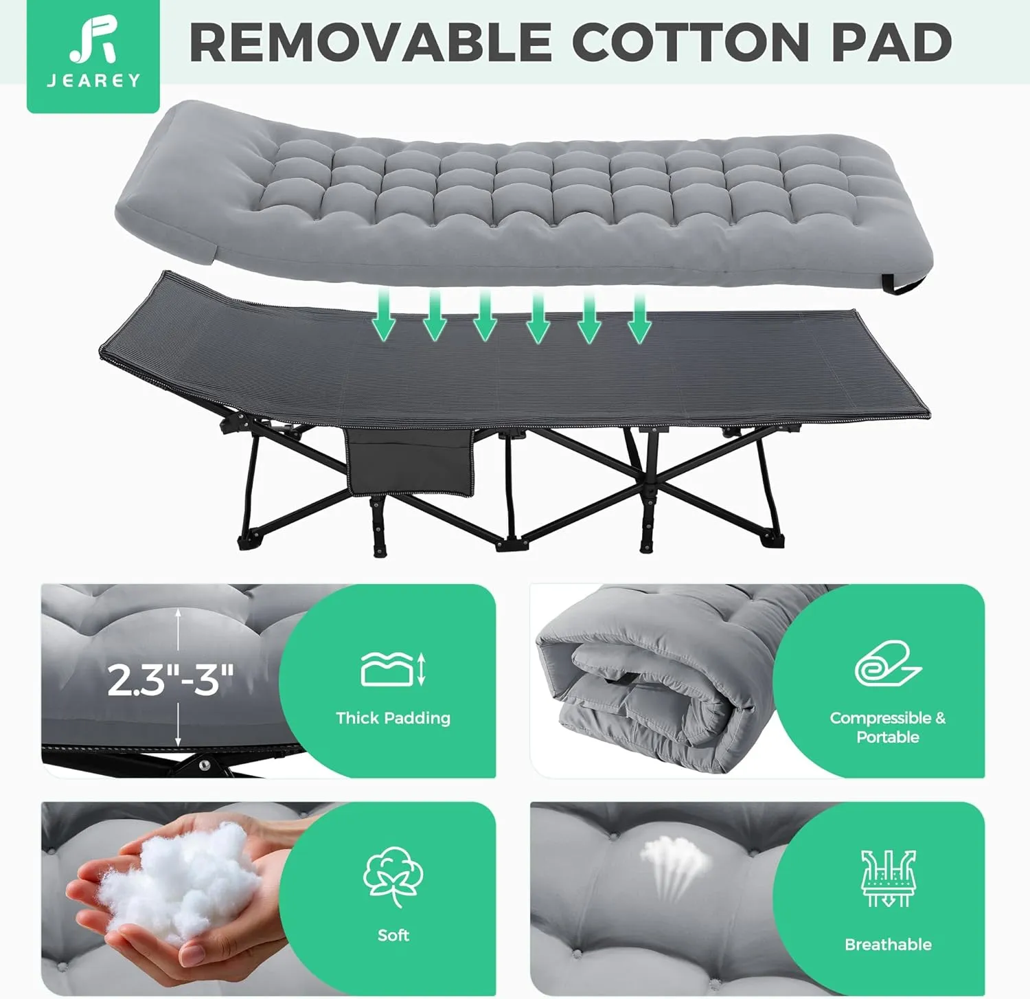 JEAREY 2-Piece Folding Camping Cot, Heavy Duty Camping Cots for Adults with Mattress, Camping Bed with Carry Bag for for Guest,Travel,Hiking,Light Gray